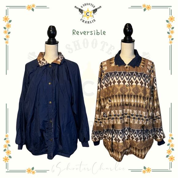 Vintage Casual Club Reversible Aztec Print Jacket Full Snap Womens Sz Large Blue - Picture 1 of 8